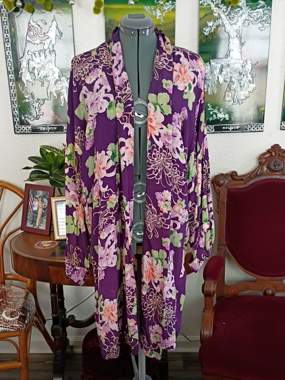 Vintage '90S Purple Green And Orange Sea Anemone Kimono Size Medium